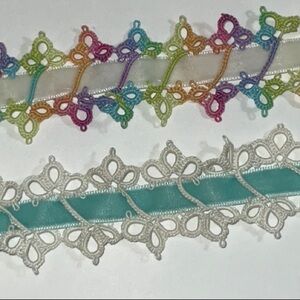 Two Hand Tatted Chokers on Velvet Ribbons Gold Toned Findings